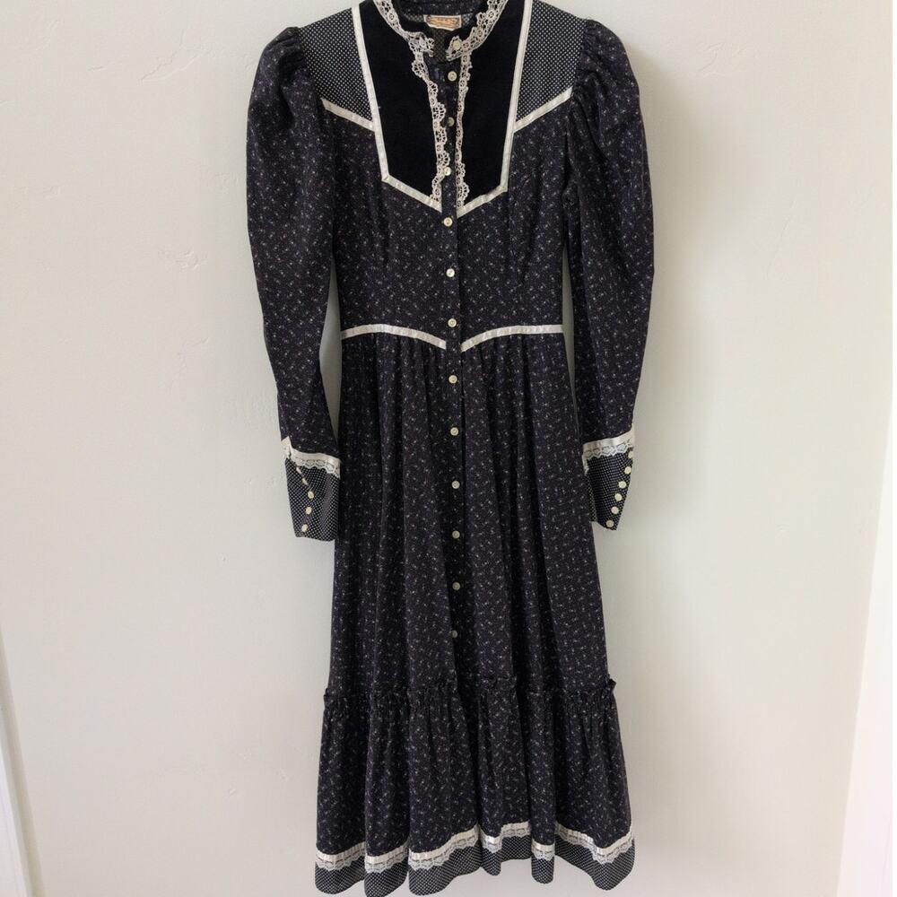 Vintage 70s Gunne Sax Black Floral Calico Midi Dress XS - Picture 2 of 9